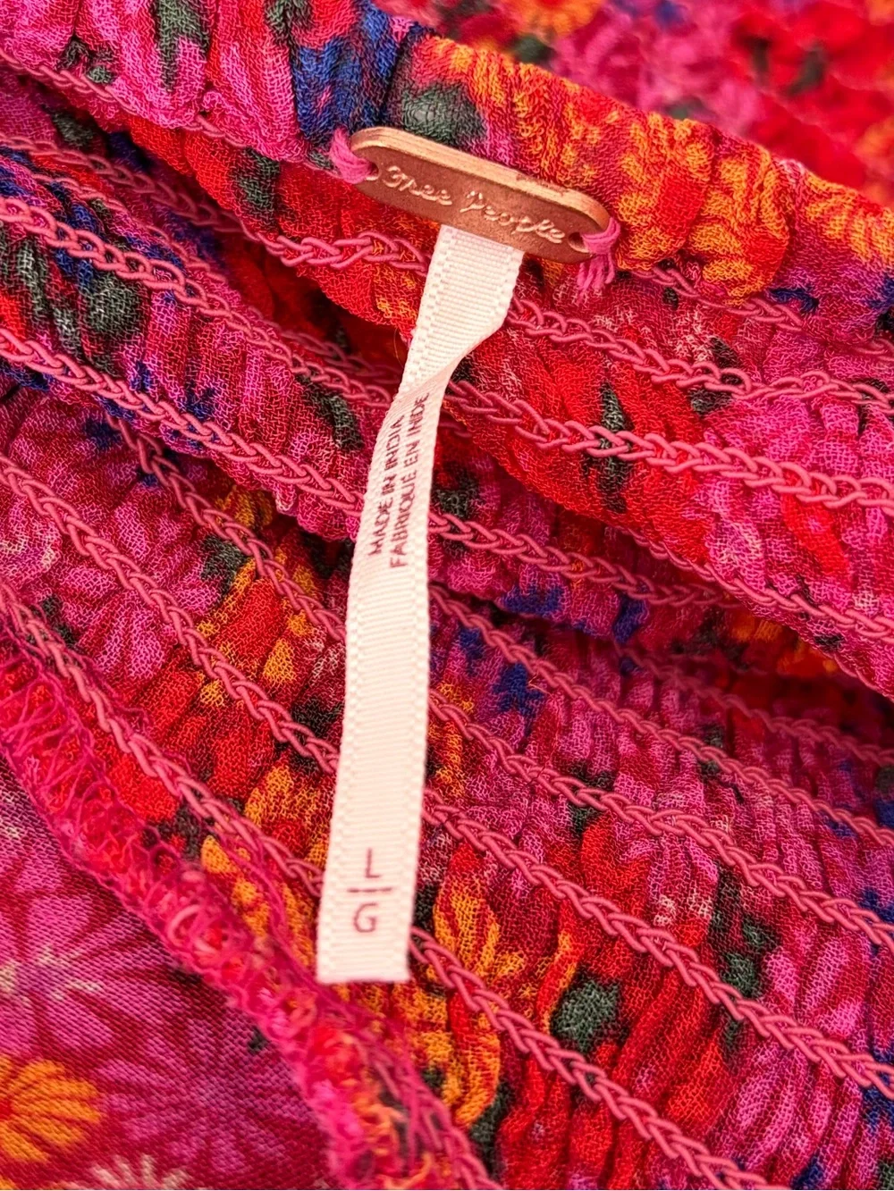Free People Back On Top Puff Sleeve Smocked Blouse in Hot Pink Combo